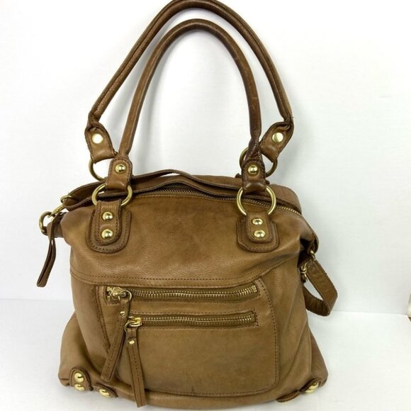 Linea Pelle Dylan Leather Tote Brown Medium Shoulder Back Pockets Tan Beige Bag - Picture 12 of 12